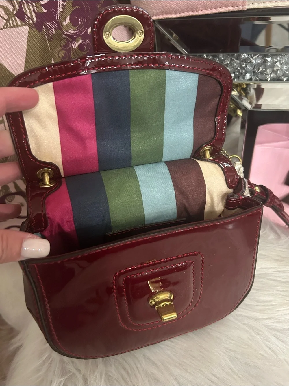 Coach Willis Crimson Red Patent Leather Mini Satchel Crossbody Legacy Lining HTF